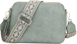 SG SUGU Triple Compartment Crossbody Bag for Women Trendy Vegan Leather Shoulder Bag with 2 inch Wide Guitar Strap