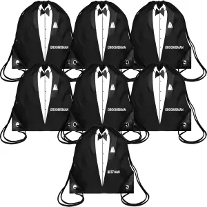 Shappy 7 Pack 9 x 9.9 Inches Groomsmen Gifts Bags for Wedding Party Favor Bags with Drawstring Black Bachelor Present Set for Groomsman Proposal Father's Birthday Anniversary Boss Party Supplies