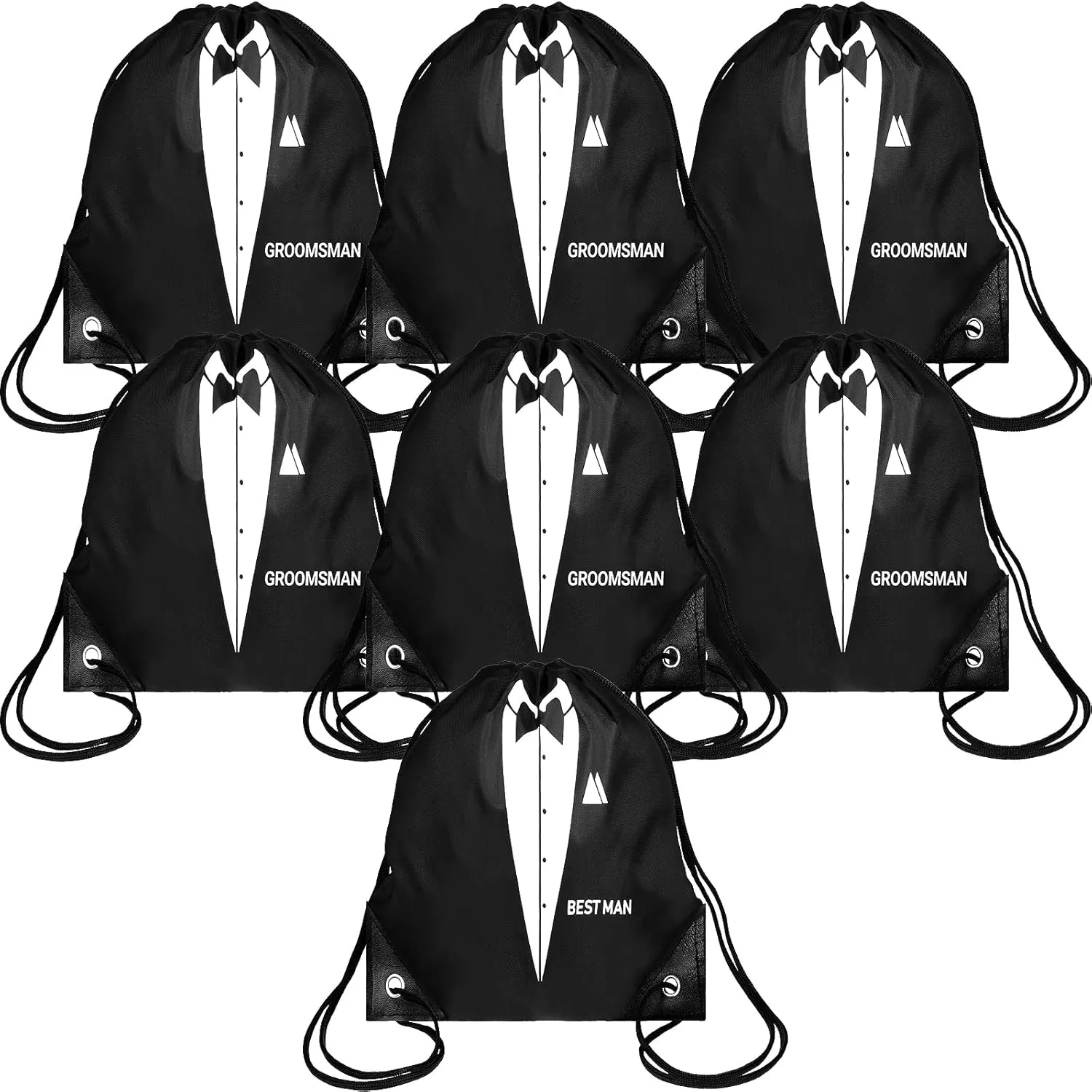 Shappy 7 Pack 9 x 9.9 Inches Groomsmen Gifts Bags for Wedding Party Favor Bags with Drawstring Black Bachelor Present Set for Groomsman Proposal Father's Birthday Anniversary Boss Party Supplies