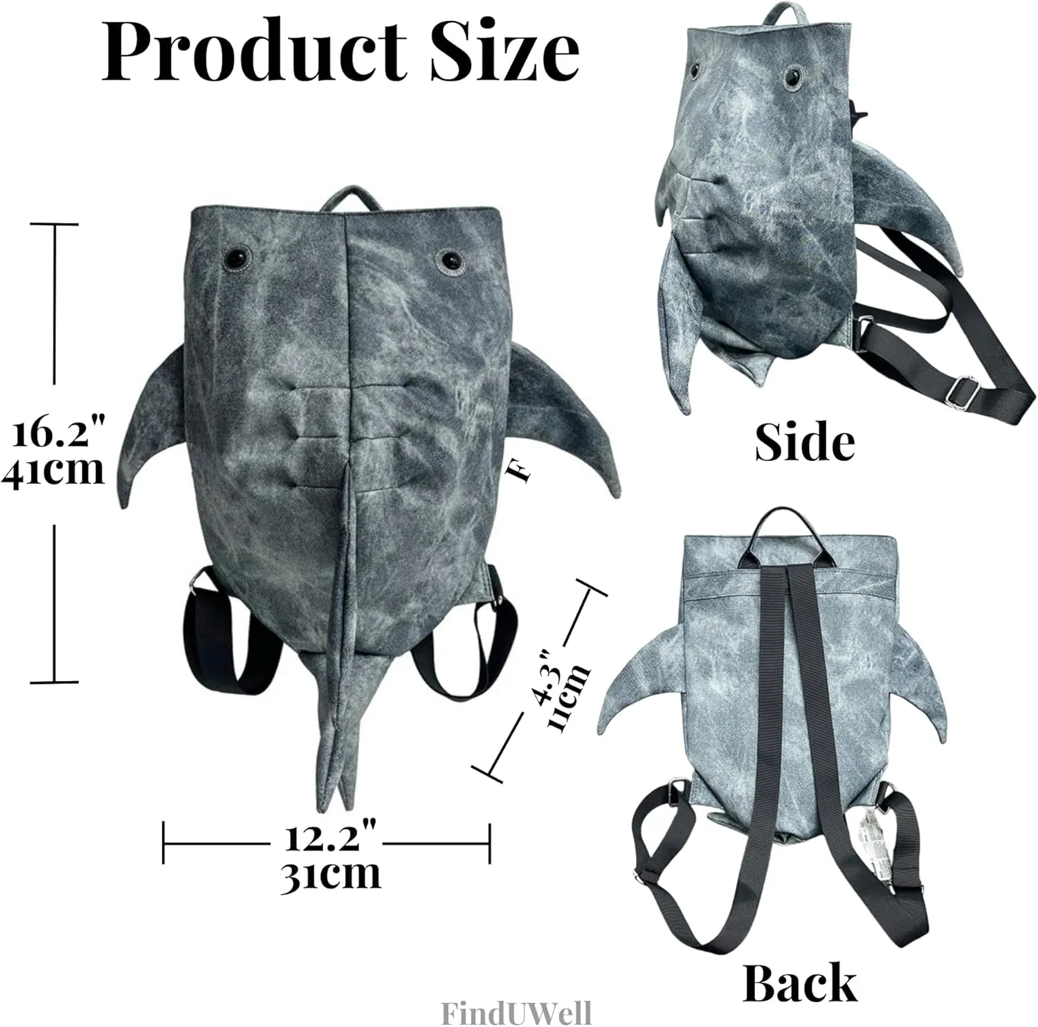 Shark Backpack, Creative 3D Shark Daypack with USB Port, Laptop Knapsack for Hiking, Travel, Shark Shoulder Bag (Light Grey)