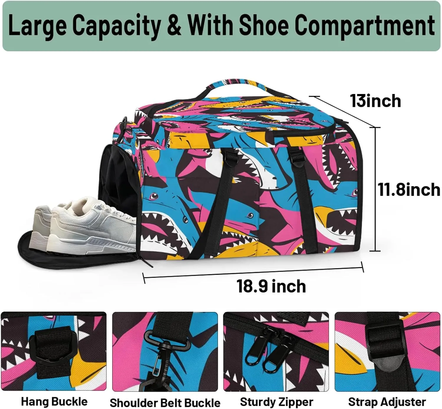 Shark Colorful Gym Duffle Bag Backpack Waterproof Sports Bags with Shoe Compartment 48L Carry On Overnight Weekender Travel Luggage
