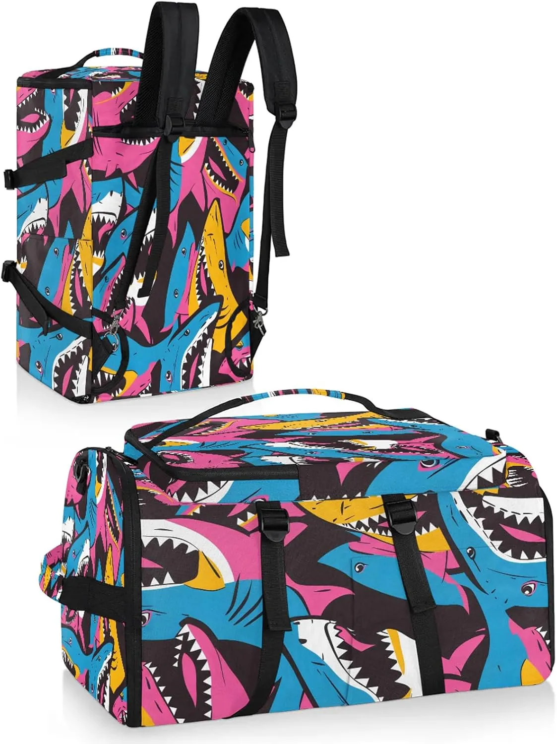 Shark Colorful Gym Duffle Bag Backpack Waterproof Sports Bags with Shoe Compartment 48L Carry On Overnight Weekender Travel Luggage