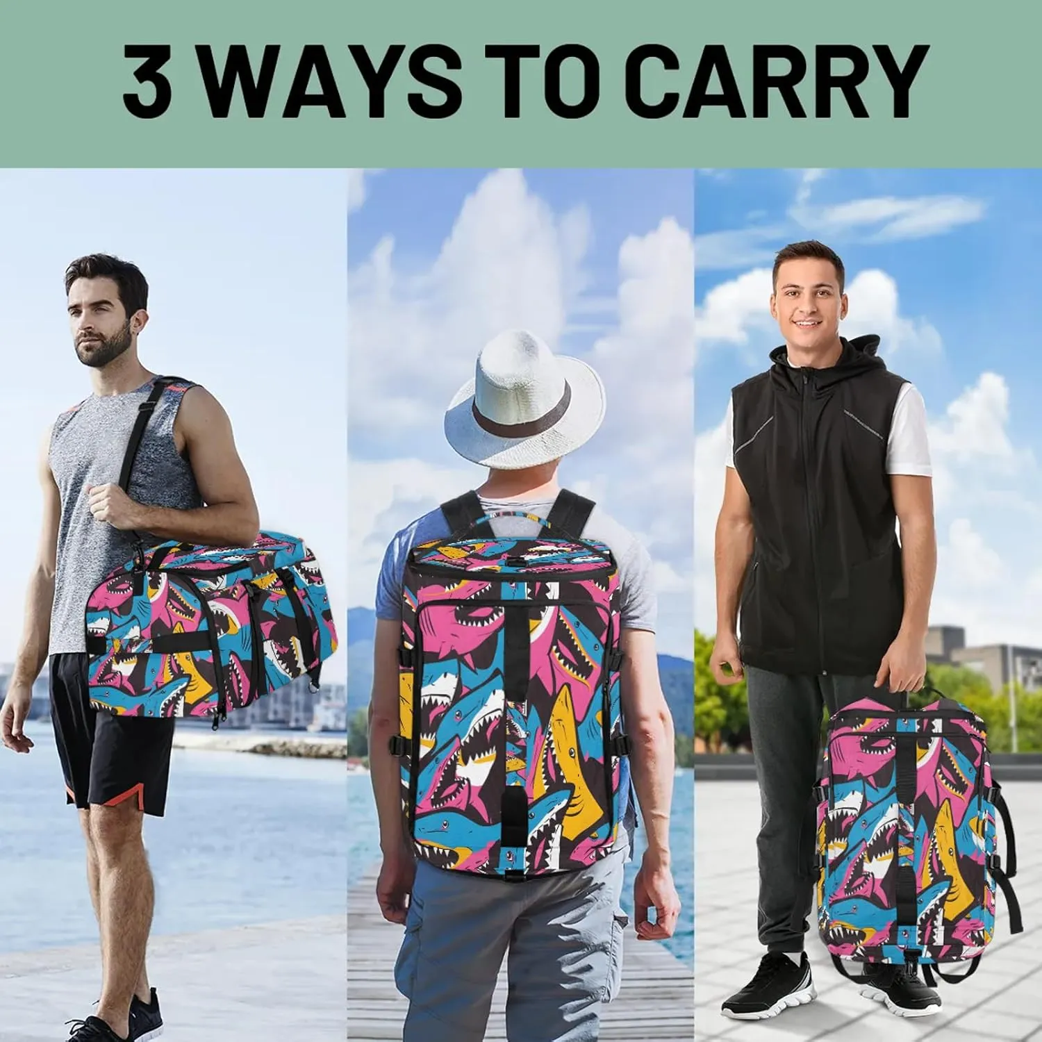 Shark Colorful Gym Duffle Bag Backpack Waterproof Sports Bags with Shoe Compartment 48L Carry On Overnight Weekender Travel Luggage