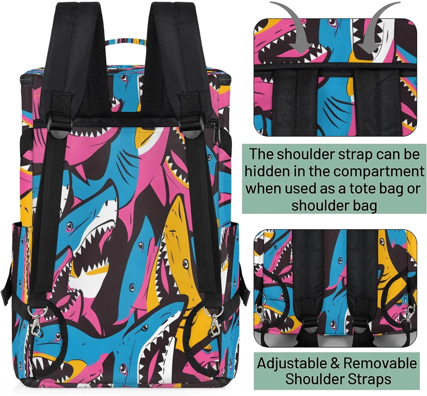 Shark Colorful Gym Duffle Bag Backpack Waterproof Sports Bags with Shoe Compartment 48L Carry On Overnight Weekender Travel Luggage