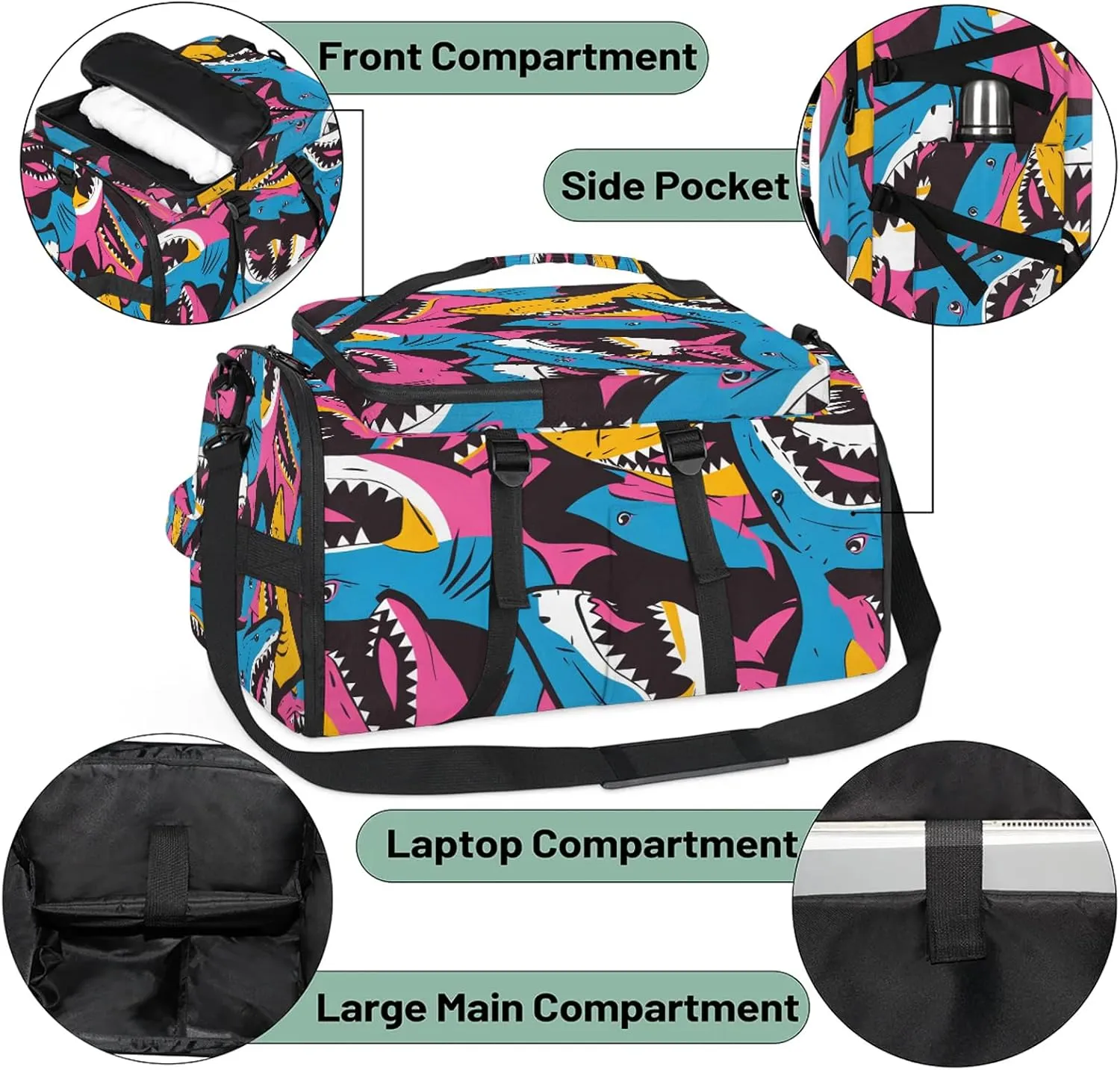 Shark Colorful Gym Duffle Bag Backpack Waterproof Sports Bags with Shoe Compartment 48L Carry On Overnight Weekender Travel Luggage