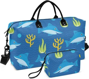Shark Seaweed Dots Travel Duffle Bag Duffel Bags Weekender Bag Tote Gym Bag Overnight Duffle Bag Carry On Luggage Bags with Toiletry Bag for Women Men Adults Airplanes Trip Yoga Sports