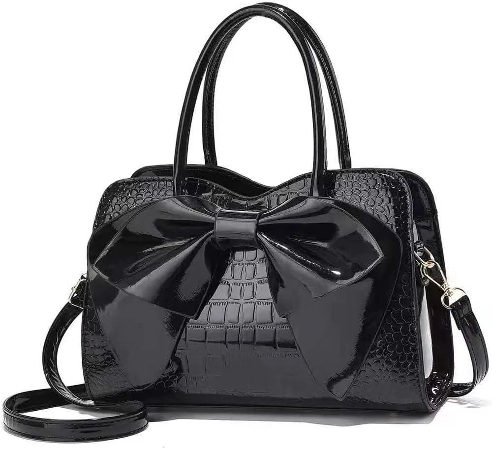 Shoulder Bags for Women Cute Big Bow Tote Handbag PU Patent Leather Purse Work Shopper Satchel with Zipper Closure