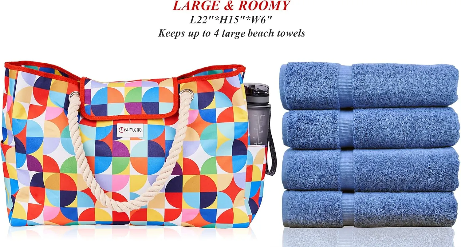 SHYLERO Beach Bag and Pool Bag Has Airtight Pouch, Magnetic Snap Closure. Beach Tote is Water Resistant. Family Size