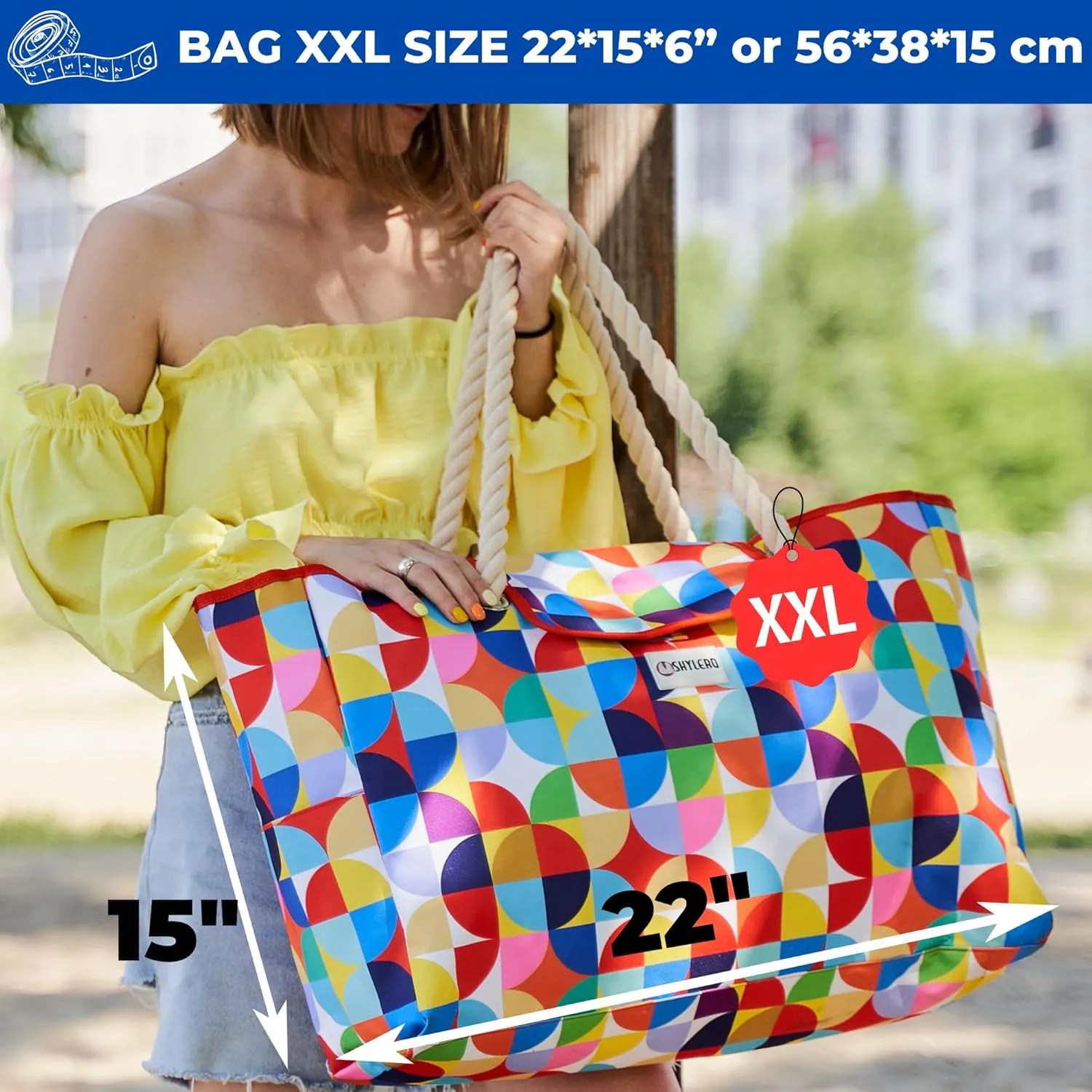 SHYLERO Beach Bag and Pool Bag Has Airtight Pouch, Magnetic Snap Closure. Beach Tote is Water Resistant. Family Size