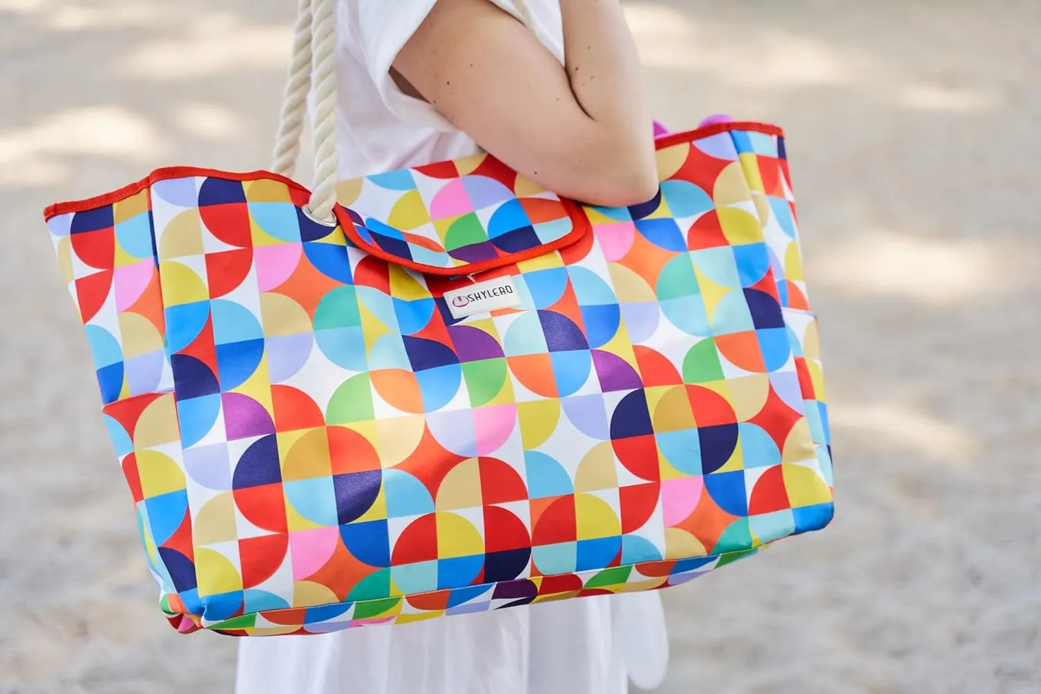 SHYLERO Beach Bag and Pool Bag Has Airtight Pouch, Magnetic Snap Closure. Beach Tote is Water Resistant. Family Size