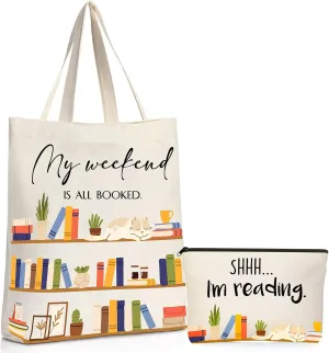 Sieral 2 Pcs Book Lovers Gifts Bookshelf Tote Bag Makeup Reading Canvas Bag Gift with Metal Zipper for Women Teacher Adults