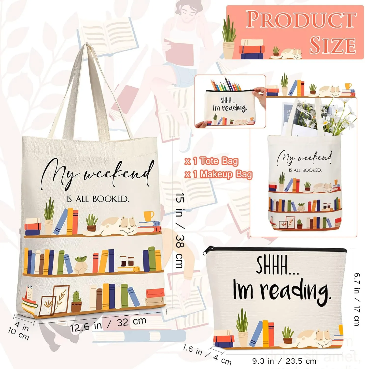 Sieral 2 Pcs Book Lovers Gifts Bookshelf Tote Bag Makeup Reading Canvas Bag Gift with Metal Zipper for Women Teacher Adults