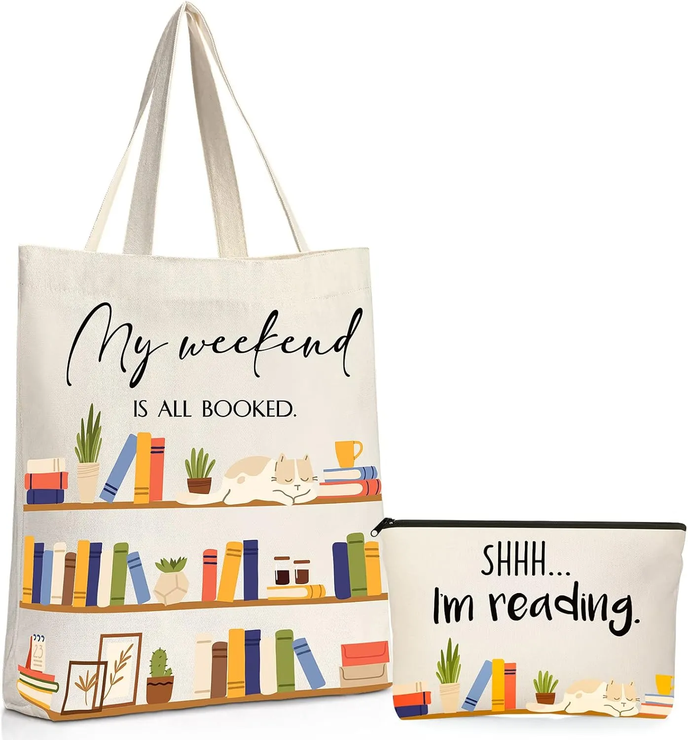 Sieral 2 Pcs Book Lovers Gifts Bookshelf Tote Bag Makeup Reading Canvas Bag Gift with Metal Zipper for Women Teacher Adults