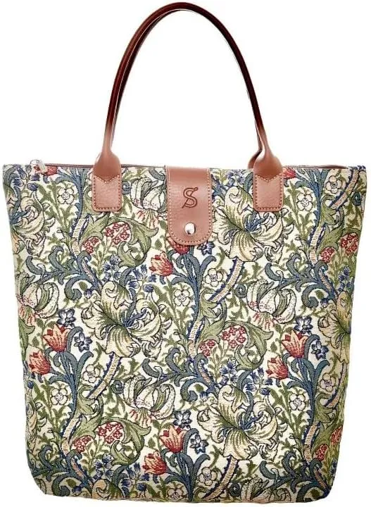 Signare Tapestry Golden Lily Foldable Shopper Bag, Compact, Reusable and Eco-Friendly Handbag, Multicolor, (Open): W 38 x H 35.5 x D 9 cm