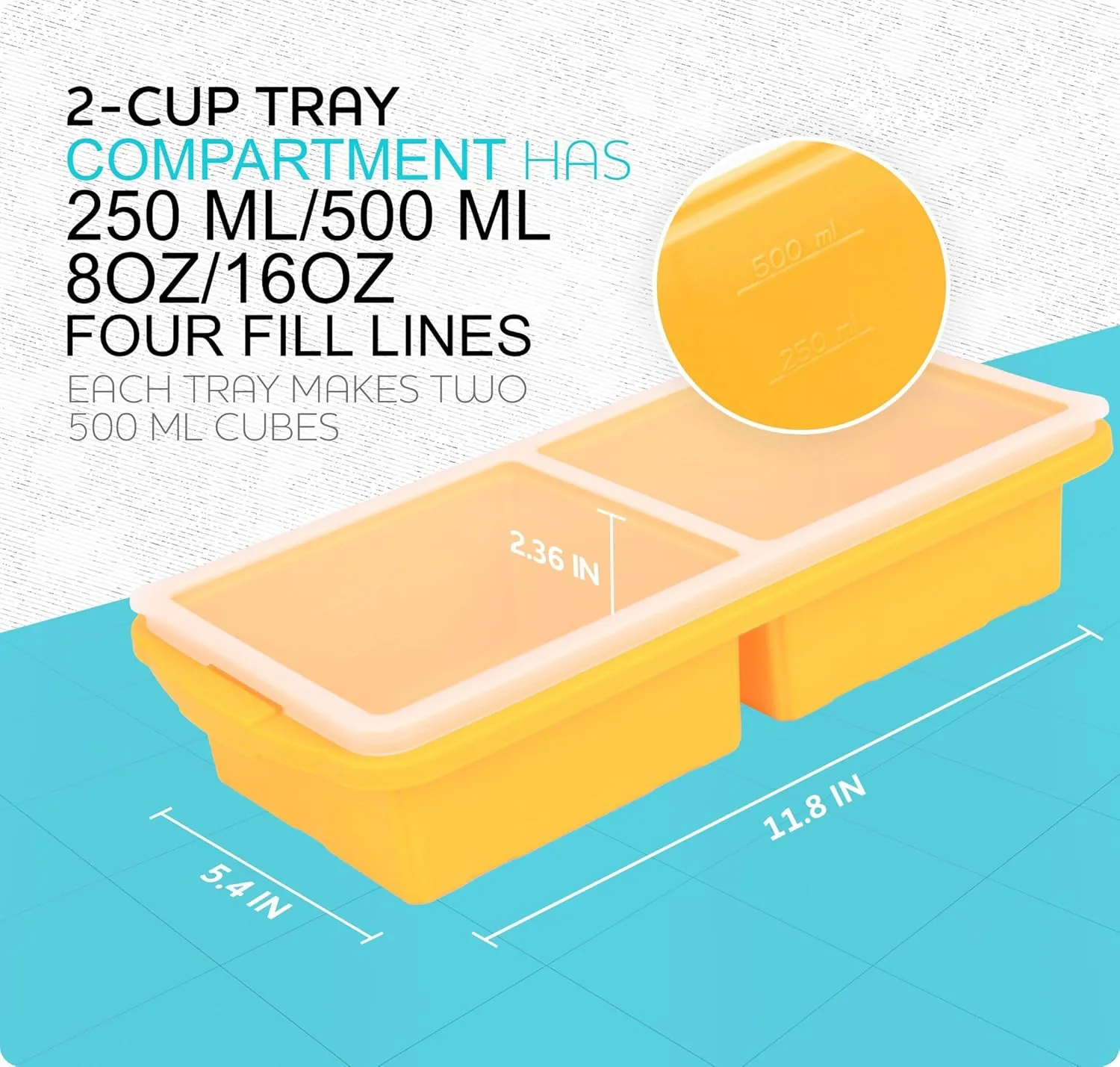 Silicone Freezer Tray With Lid-Soup Freezer Container molds-2-cup Extra Large Ice Cube Tray-makes 4 perfect 500ml portions cubes, For freezing soup,stews,sauces.Oven&Dishwasher-Safe(2-Pack)