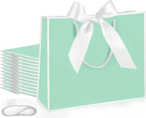 Silkfly 12 Pcs Thank You Gift Bags with Handle 11.8x10x4'' Welcome Bags Return Gifts with Bow Ribbon for Bridesmaid Baby Shower Mother's Day Graduation Wedding Housewarming Birthday(Mint Green, White)