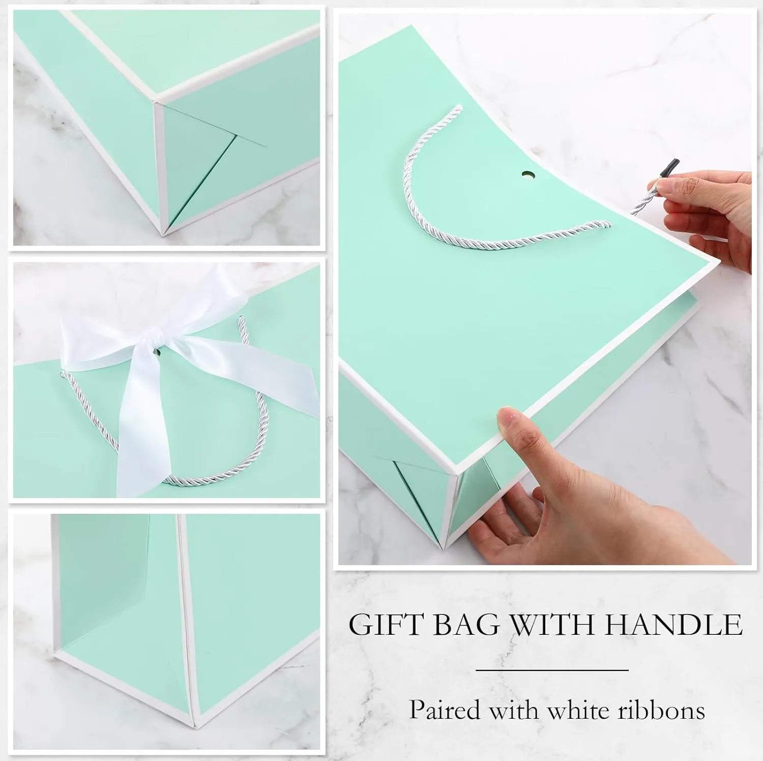 Silkfly 12 Pcs Thank You Gift Bags with Handle 11.8x10x4'' Welcome Bags Return Gifts with Bow Ribbon for Bridesmaid Baby Shower Mother's Day Graduation Wedding Housewarming Birthday(Mint Green, White)