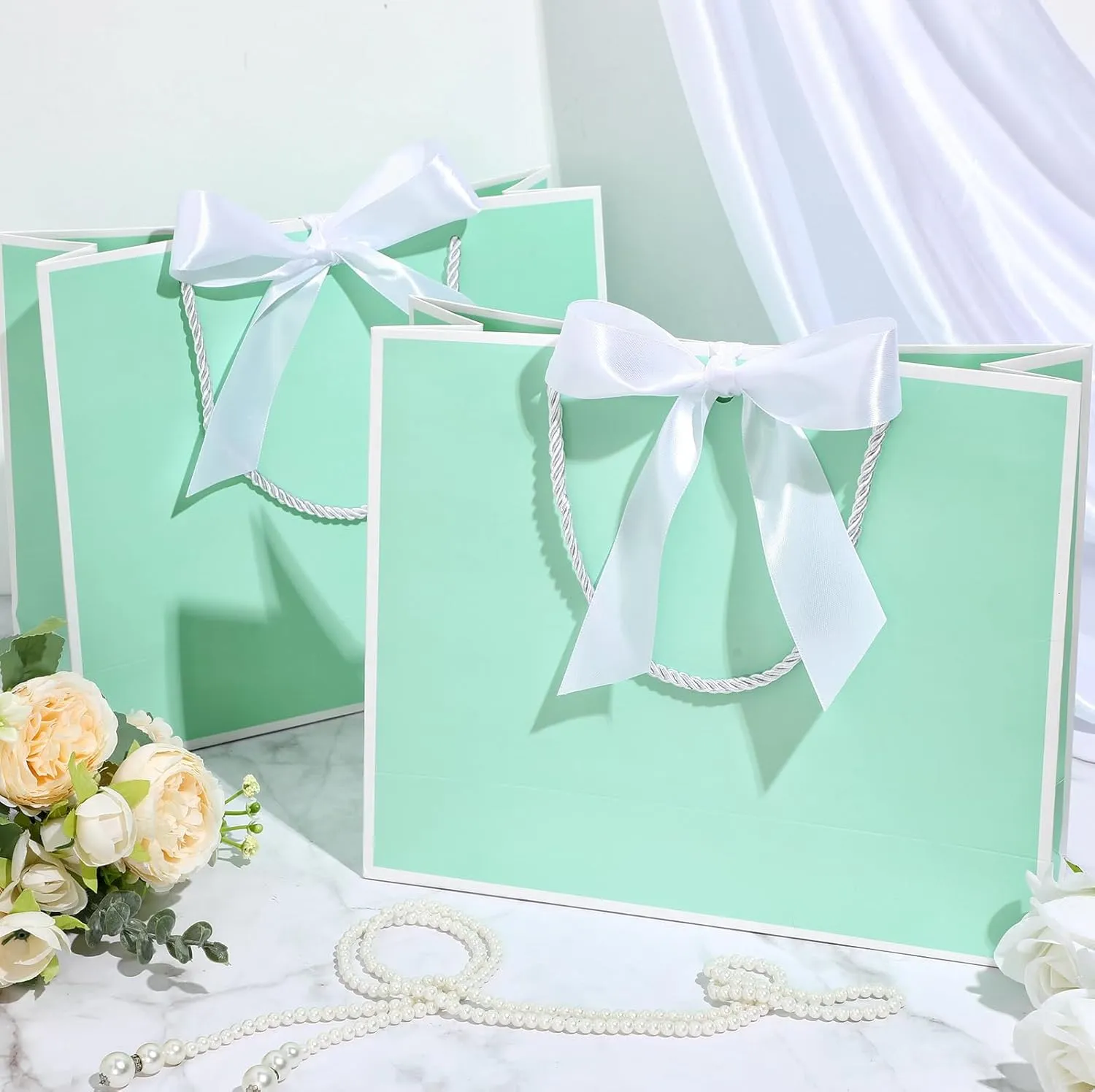 Silkfly 12 Pcs Thank You Gift Bags with Handle 11.8x10x4'' Welcome Bags Return Gifts with Bow Ribbon for Bridesmaid Baby Shower Mother's Day Graduation Wedding Housewarming Birthday(Mint Green, White)