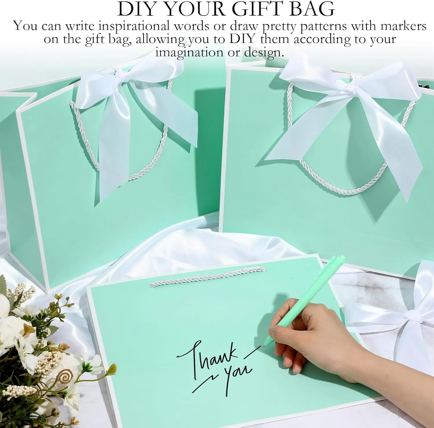 Silkfly 12 Pcs Thank You Gift Bags with Handle 11.8x10x4'' Welcome Bags Return Gifts with Bow Ribbon for Bridesmaid Baby Shower Mother's Day Graduation Wedding Housewarming Birthday(Mint Green, White)