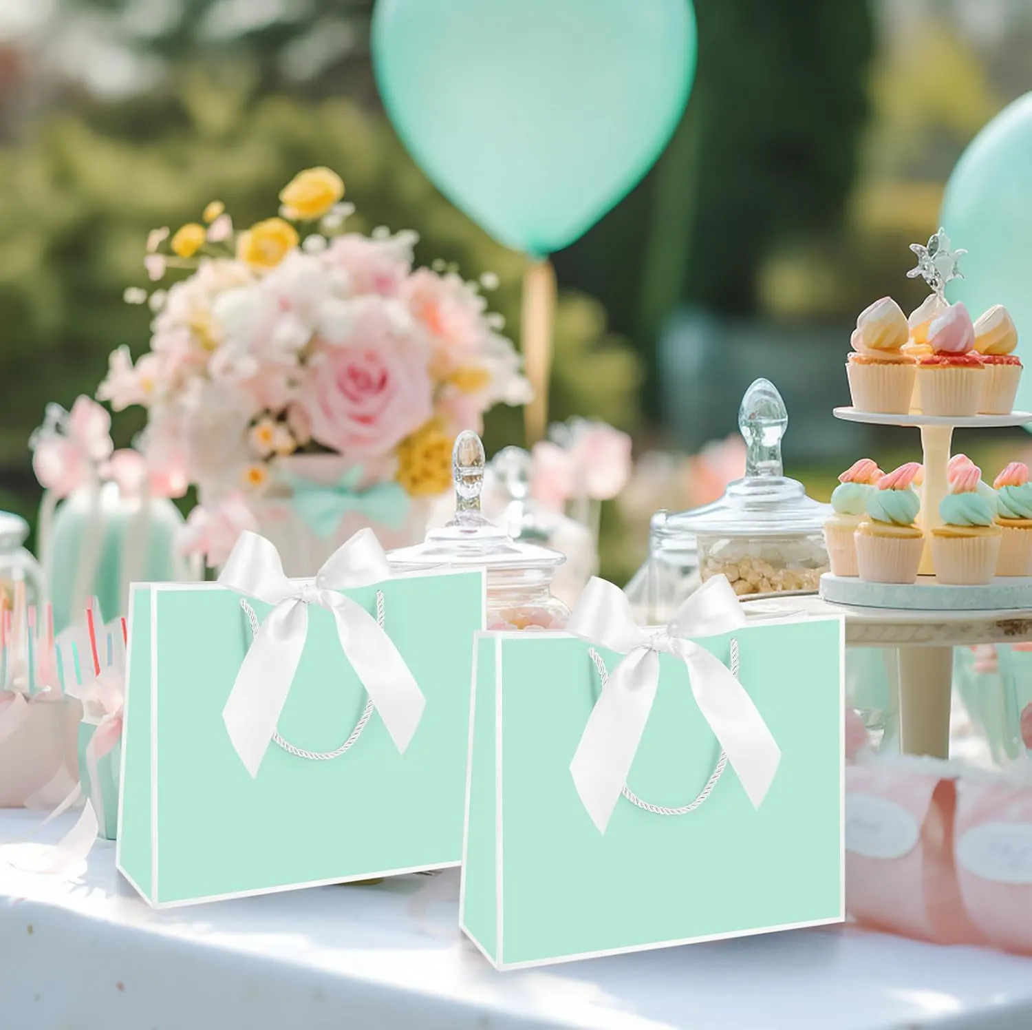 Silkfly 12 Pcs Thank You Gift Bags with Handle 11.8x10x4'' Welcome Bags Return Gifts with Bow Ribbon for Bridesmaid Baby Shower Mother's Day Graduation Wedding Housewarming Birthday(Mint Green, White)