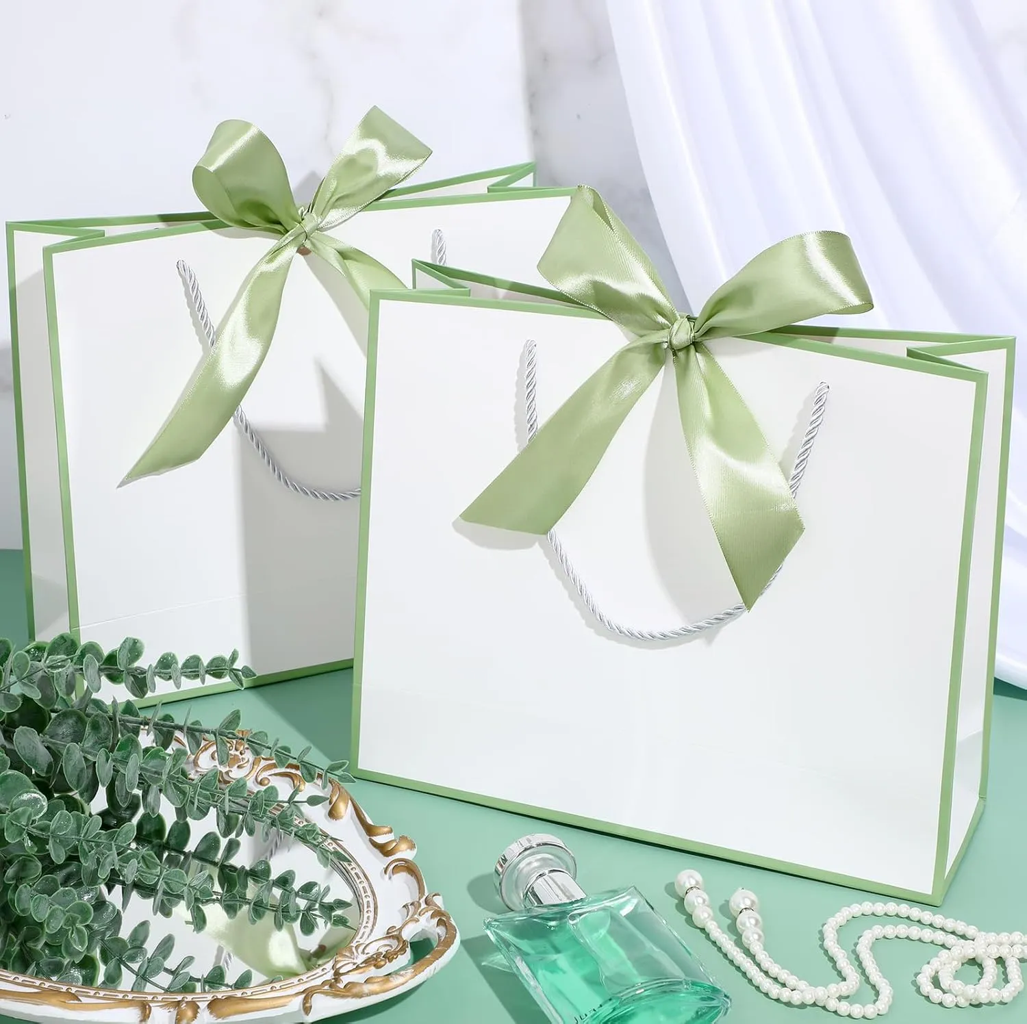 Silkfly 12 Pcs Thank You Gift Bags with Handle 11.8x10x4'' Welcome Bags Return Gifts with Bow Ribbon for Bridesmaid Baby Shower Mother's Day Graduation Wedding Housewarming Birthday(White, Sage Green)