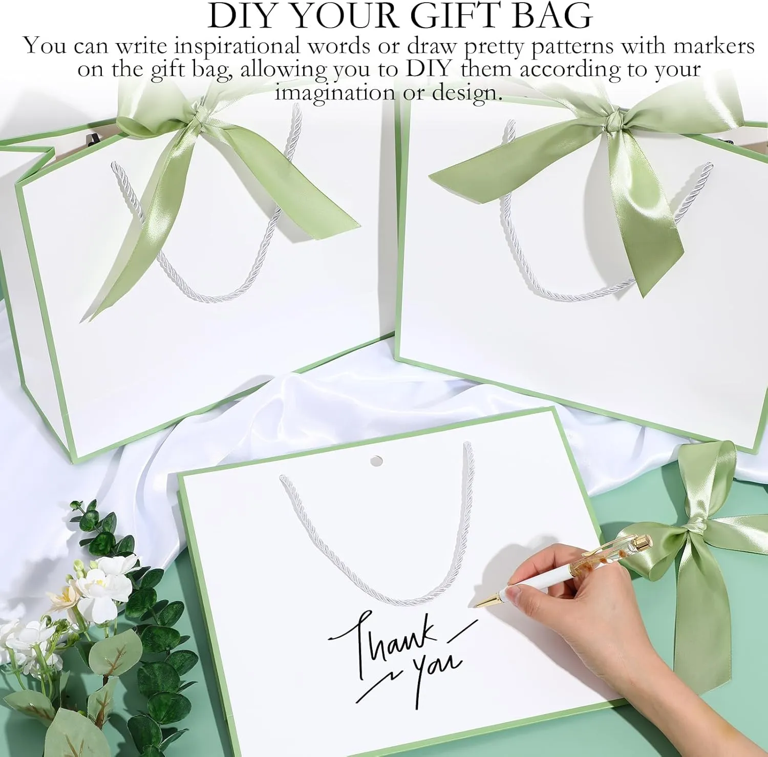Silkfly 12 Pcs Thank You Gift Bags with Handle 11.8x10x4'' Welcome Bags Return Gifts with Bow Ribbon for Bridesmaid Baby Shower Mother's Day Graduation Wedding Housewarming Birthday(White, Sage Green)