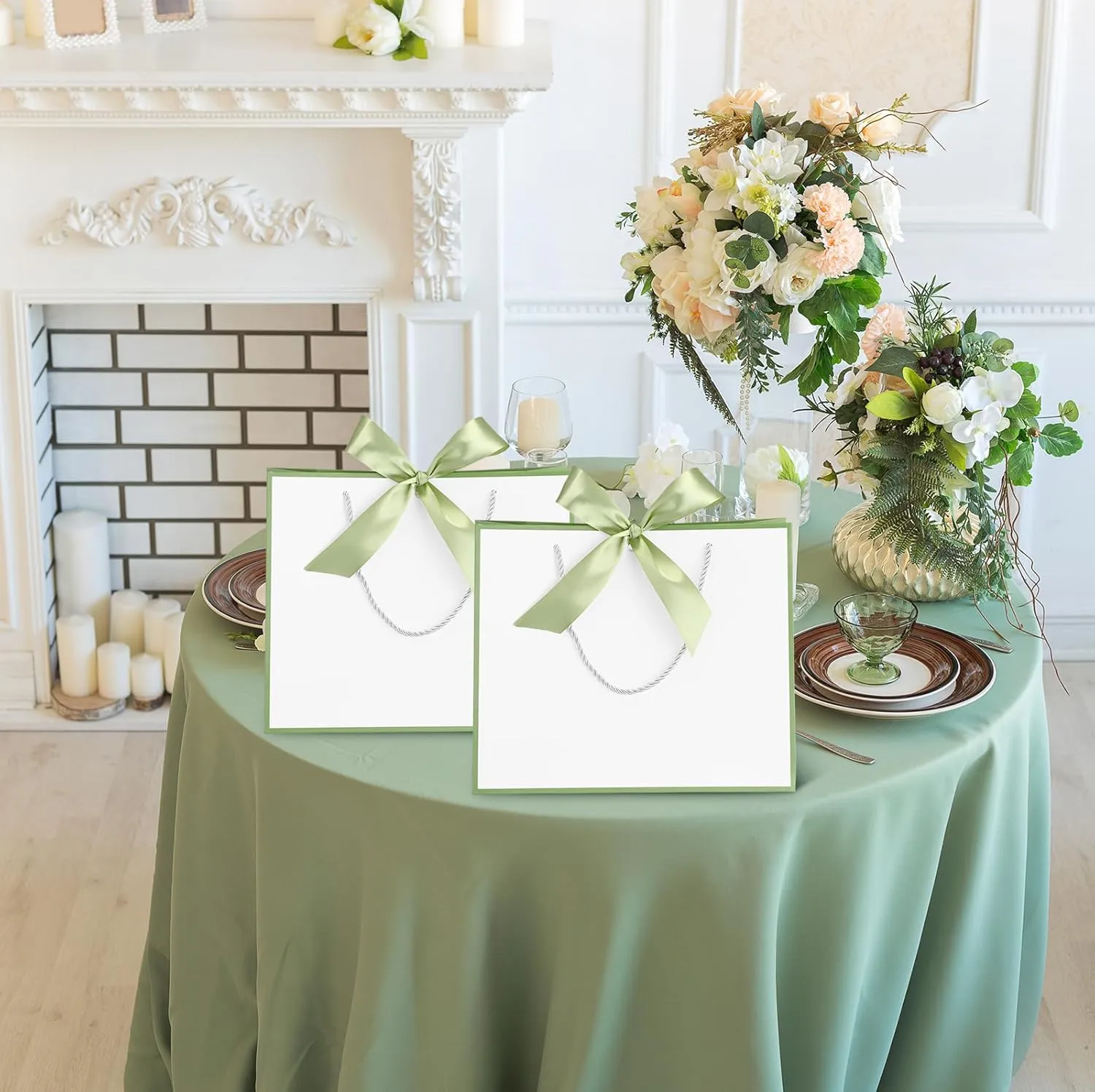 Silkfly 12 Pcs Thank You Gift Bags with Handle 11.8x10x4'' Welcome Bags Return Gifts with Bow Ribbon for Bridesmaid Baby Shower Mother's Day Graduation Wedding Housewarming Birthday(White, Sage Green)
