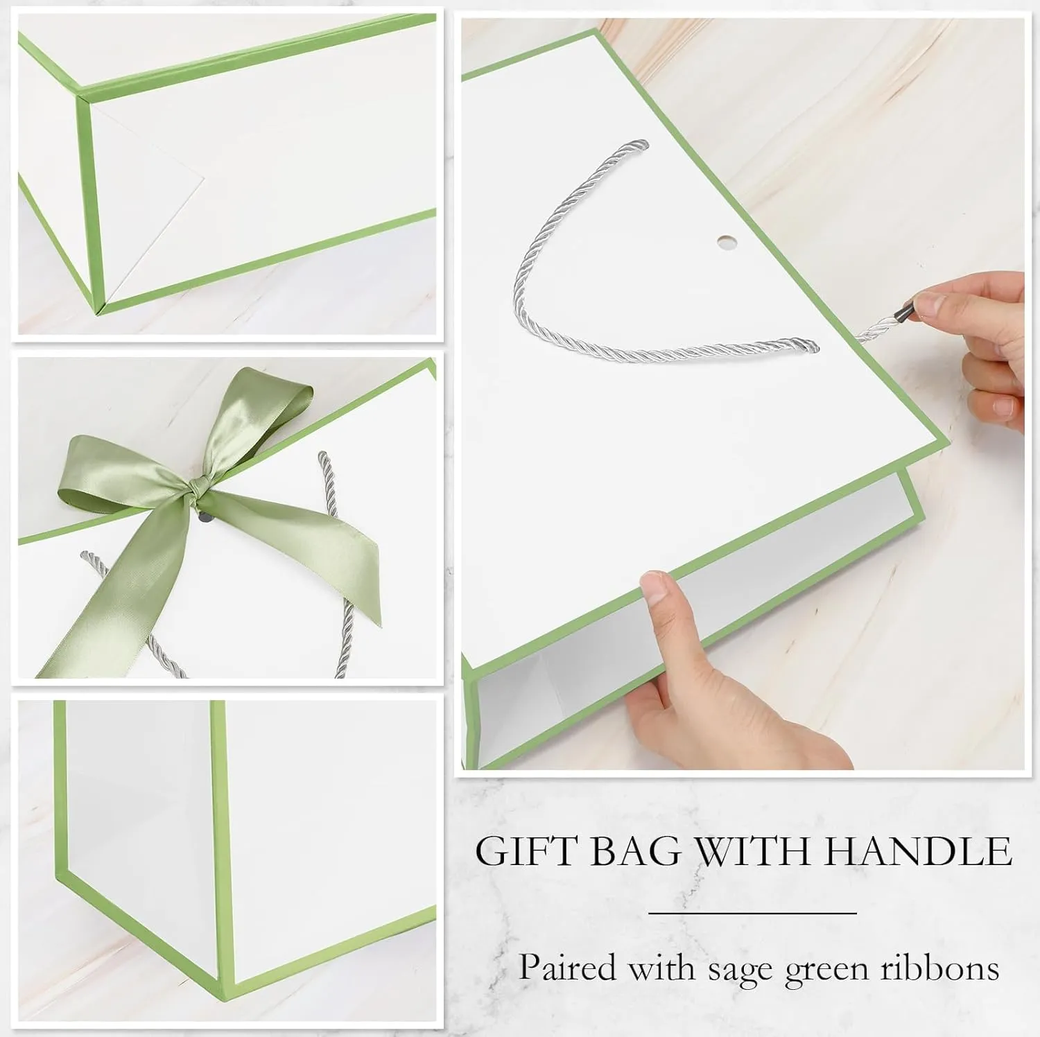 Silkfly 12 Pcs Thank You Gift Bags with Handle 11.8x10x4'' Welcome Bags Return Gifts with Bow Ribbon for Bridesmaid Baby Shower Mother's Day Graduation Wedding Housewarming Birthday(White, Sage Green)