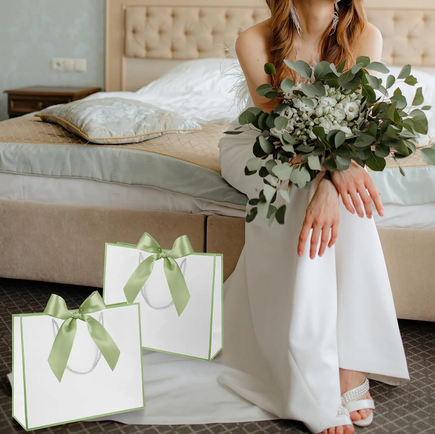 Silkfly 12 Pcs Thank You Gift Bags with Handle 11.8x10x4'' Welcome Bags Return Gifts with Bow Ribbon for Bridesmaid Baby Shower Mother's Day Graduation Wedding Housewarming Birthday(White, Sage Green)