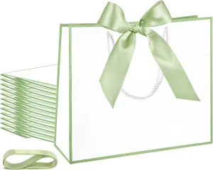 Silkfly 12 Pcs Thank You Gift Bags with Handle 11.8x10x4'' Welcome Bags Return Gifts with Bow Ribbon for Bridesmaid Baby Shower Mother's Day Graduation Wedding Housewarming Birthday(White, Sage Green)