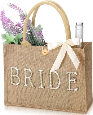 Silkfly Wedding Bride Bag Natural Jute Tote with Ribbon Bride Gift Bag with Handle for Shower(Gold Edges,Bride)