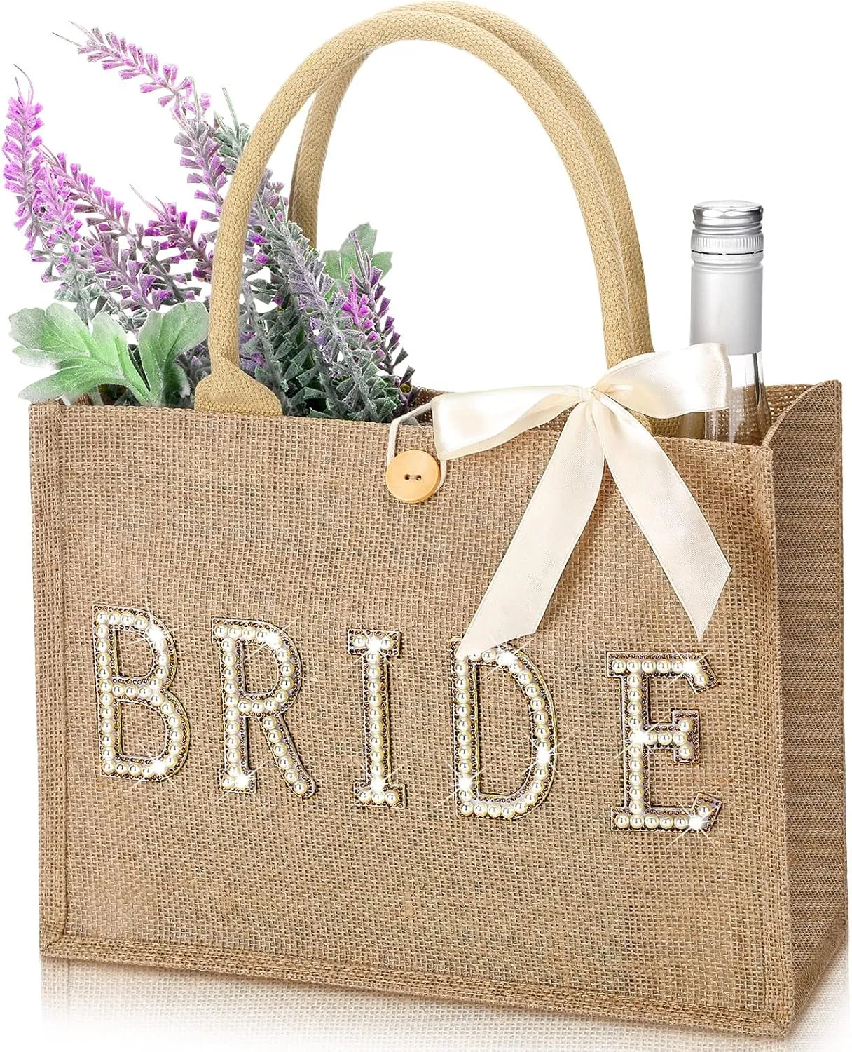 Silkfly Wedding Bride Bag Natural Jute Tote with Ribbon Bride Gift Bag with Handle for Shower(Gold Edges,Bride)