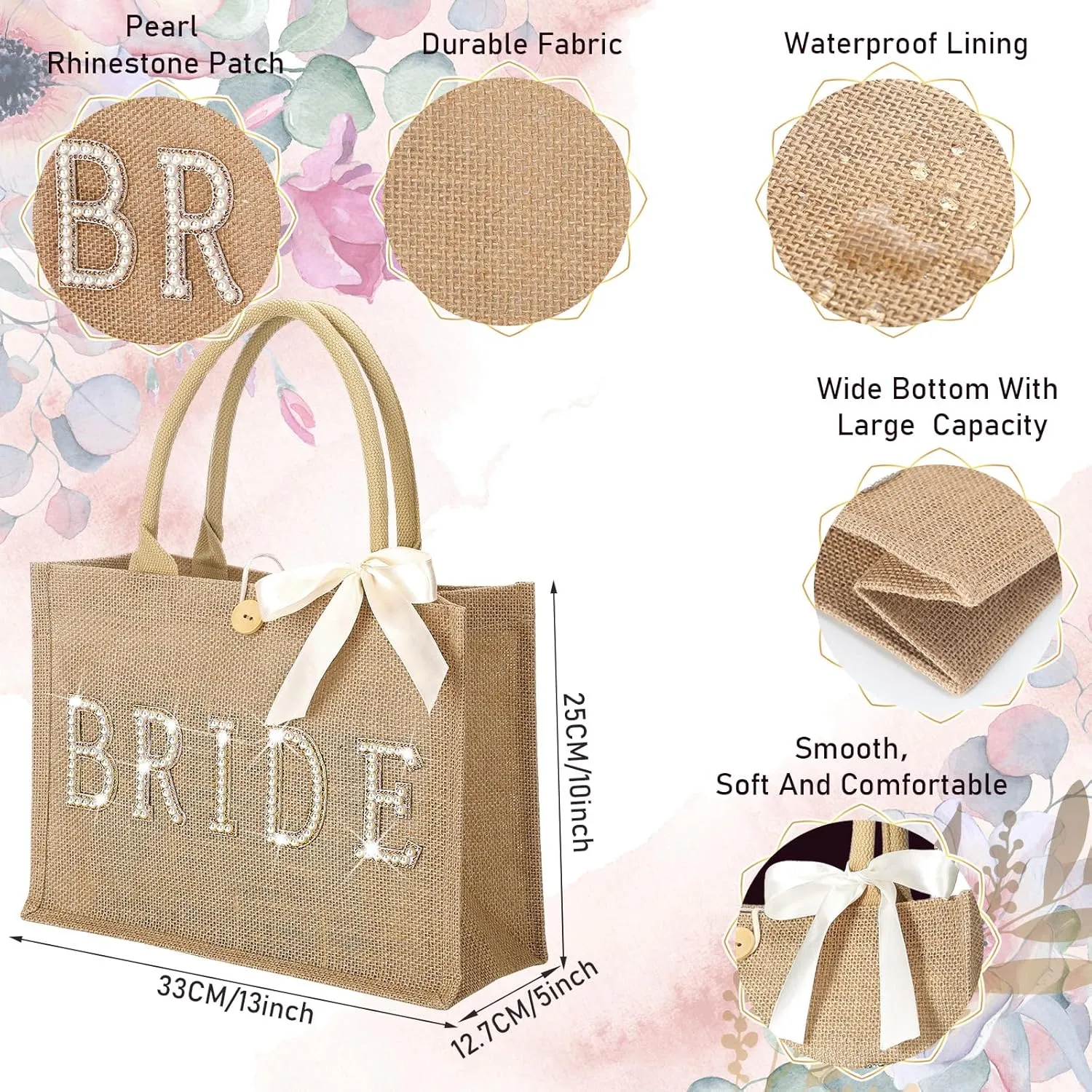 Silkfly Wedding Bride Bag Natural Jute Tote with Ribbon Bride Gift Bag with Handle for Shower(Gold Edges,Bride)