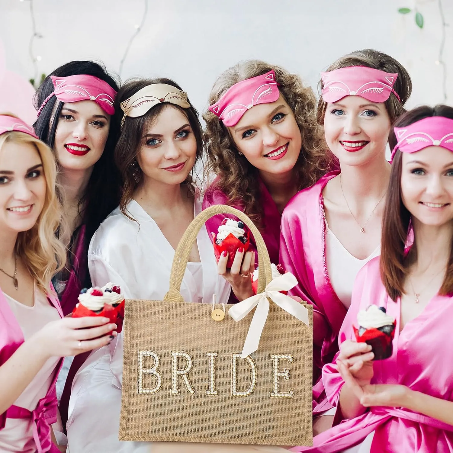 Silkfly Wedding Bride Bag Natural Jute Tote with Ribbon Bride Gift Bag with Handle for Shower(Gold Edges,Bride)