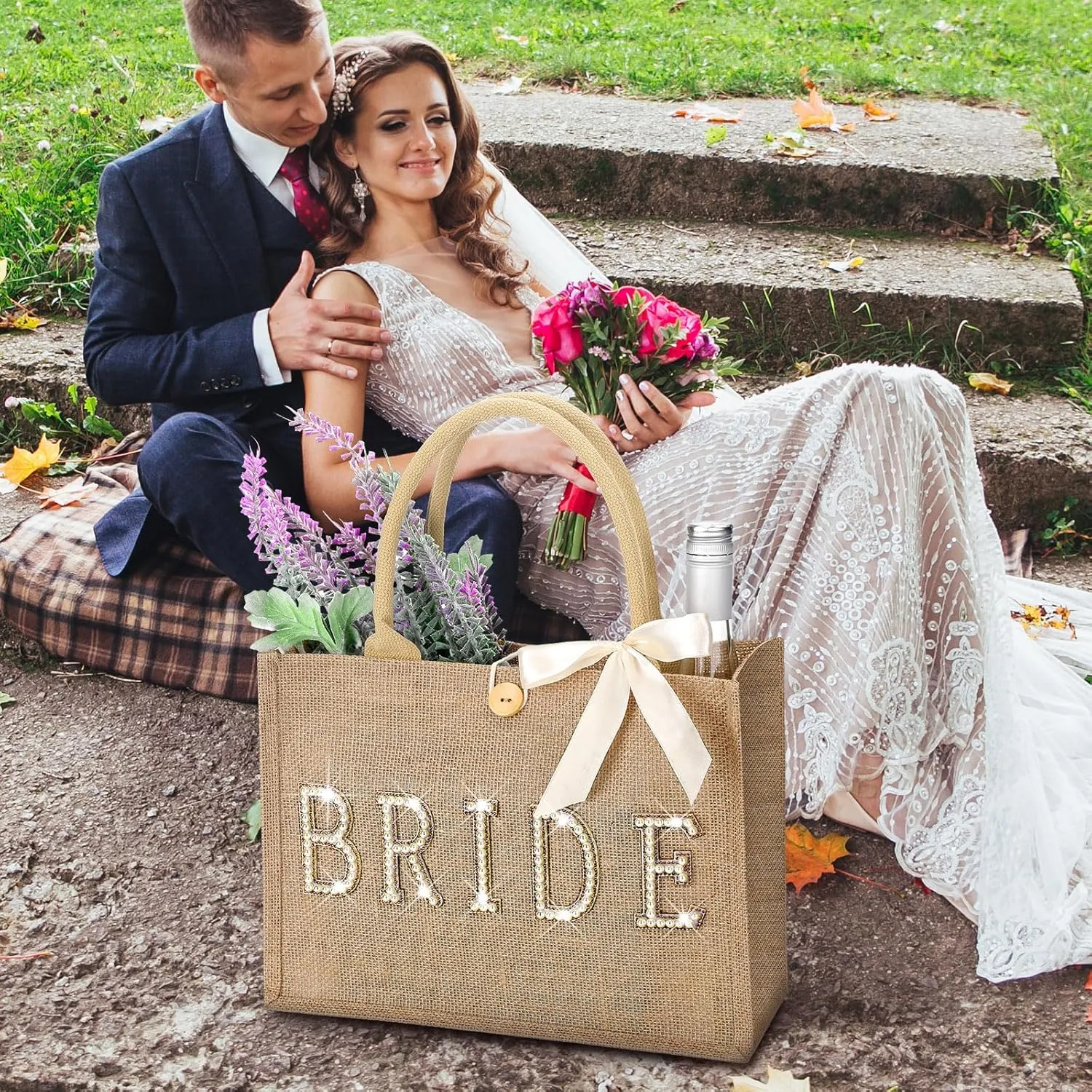Silkfly Wedding Bride Bag Natural Jute Tote with Ribbon Bride Gift Bag with Handle for Shower(Gold Edges,Bride)