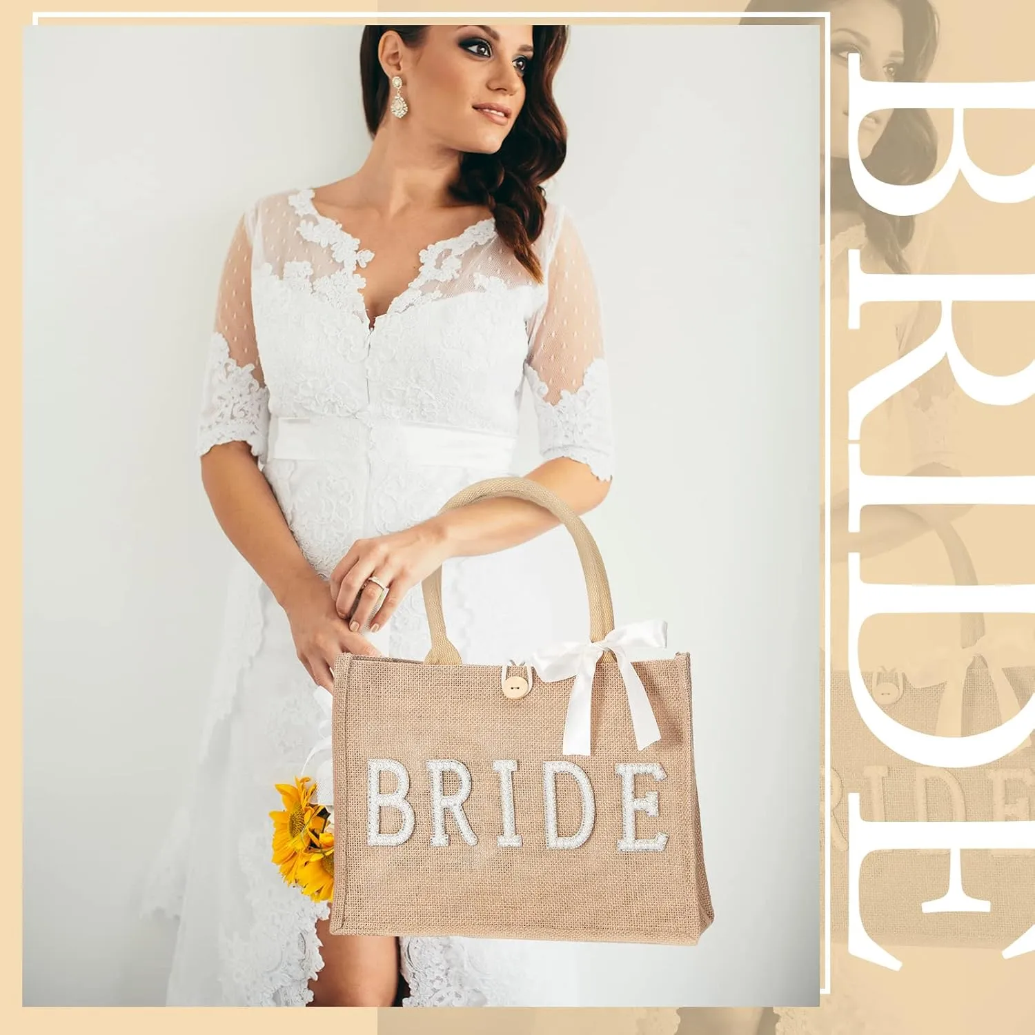 Silkfly Wedding Bride Bag Natural Jute Tote with Ribbon Bride Gift Bag with Handle for Shower(Silver Edges,Bride)