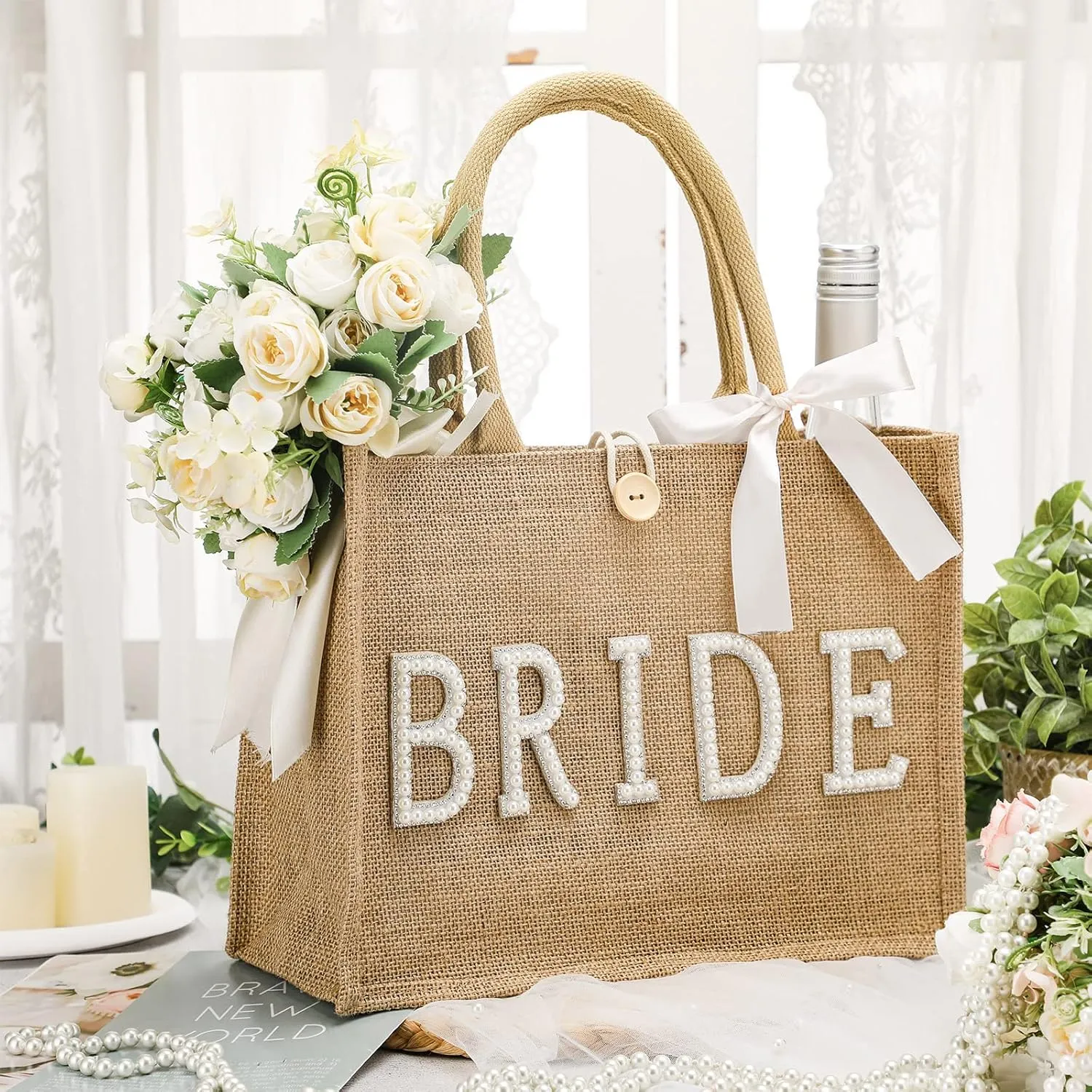 Silkfly Wedding Bride Bag Natural Jute Tote with Ribbon Bride Gift Bag with Handle for Shower(Silver Edges,Bride)