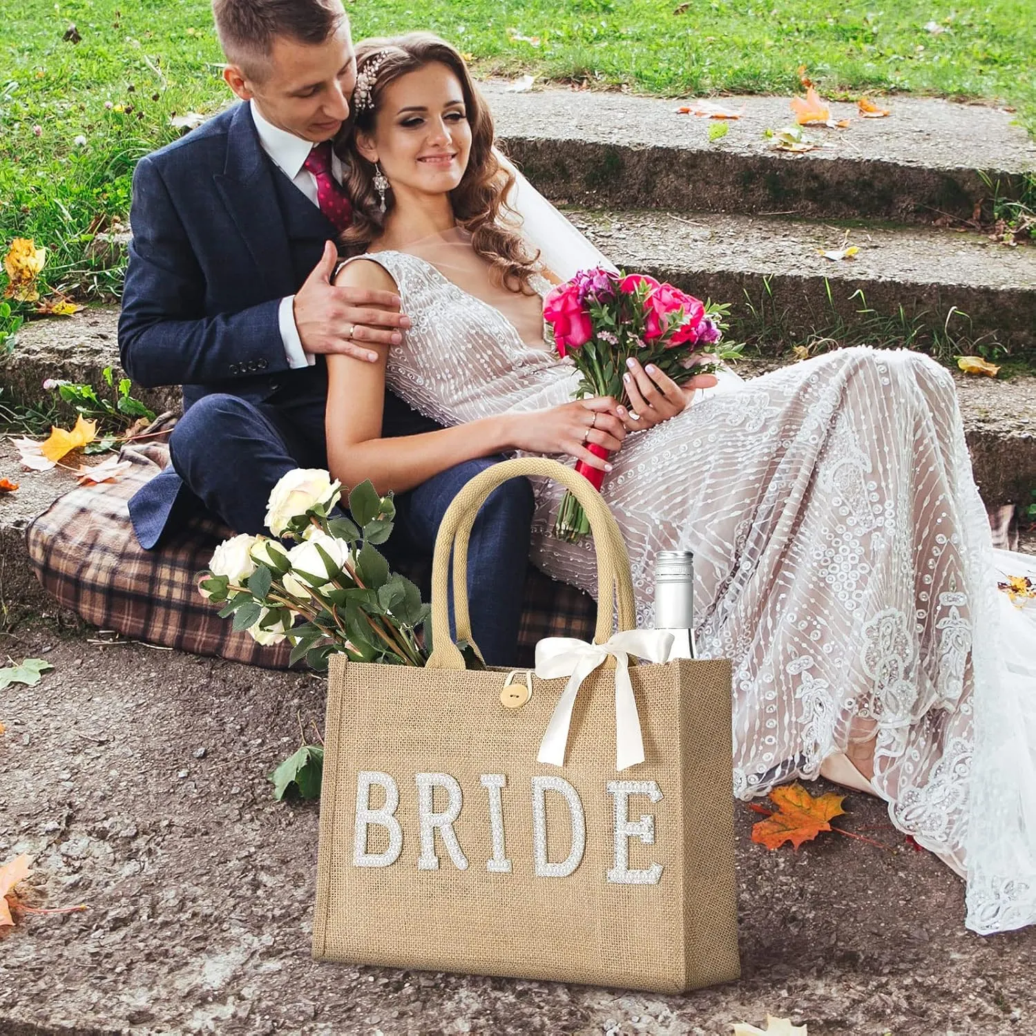 Silkfly Wedding Bride Bag Natural Jute Tote with Ribbon Bride Gift Bag with Handle for Shower(Silver Edges,Bride)