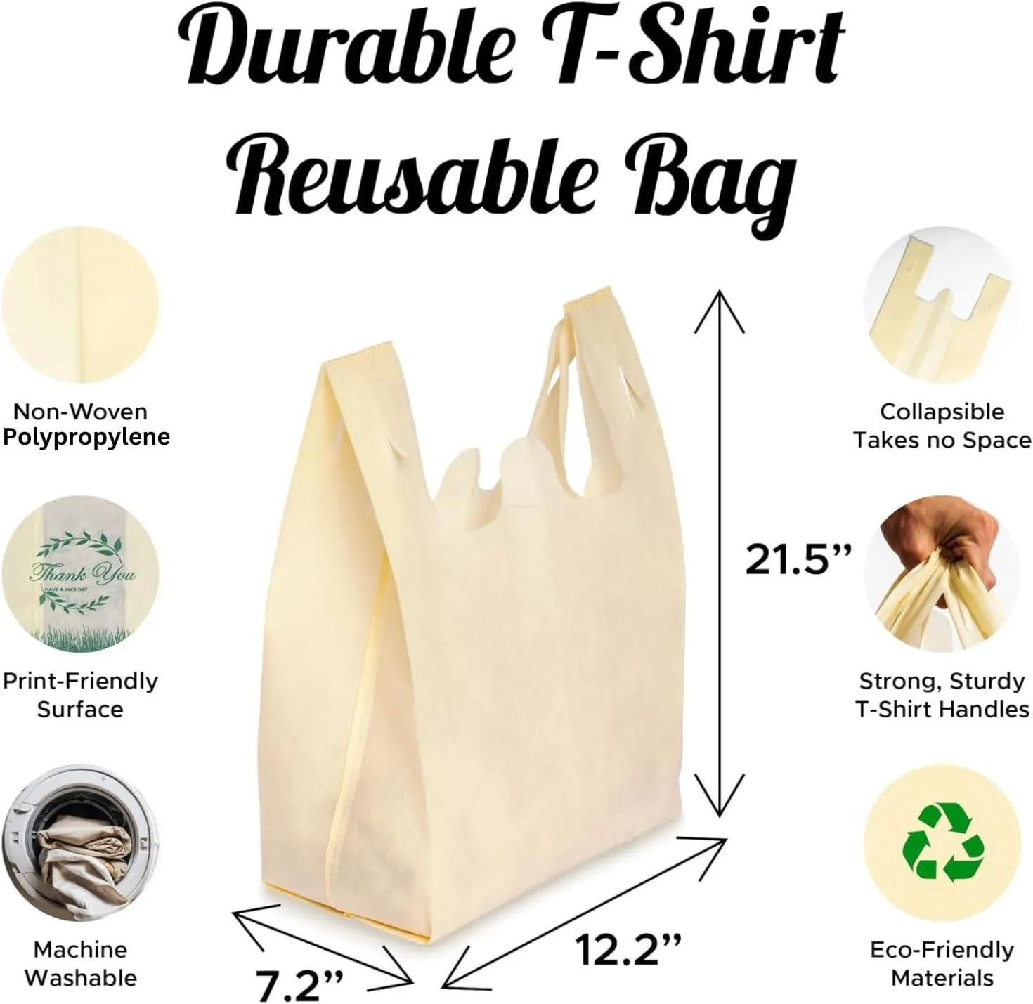 Simply Cool 50 Pack Reusable Eco-Friendly Grocery T-Shirt Shopping Bags 21”x12”x7”, Durable, Recyclable Shopping Bags Washable, Foldable, Portable Tote Bags Bulk