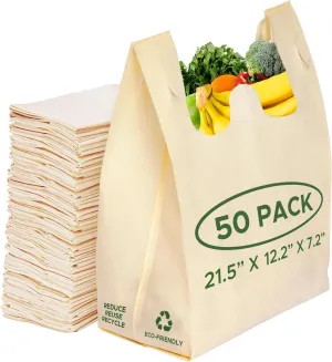 Simply Cool 50 Pack Reusable Eco-Friendly Grocery T-Shirt Shopping Bags 21”x12”x7”, Durable, Recyclable Shopping Bags Washable, Foldable, Portable Tote Bags Bulk