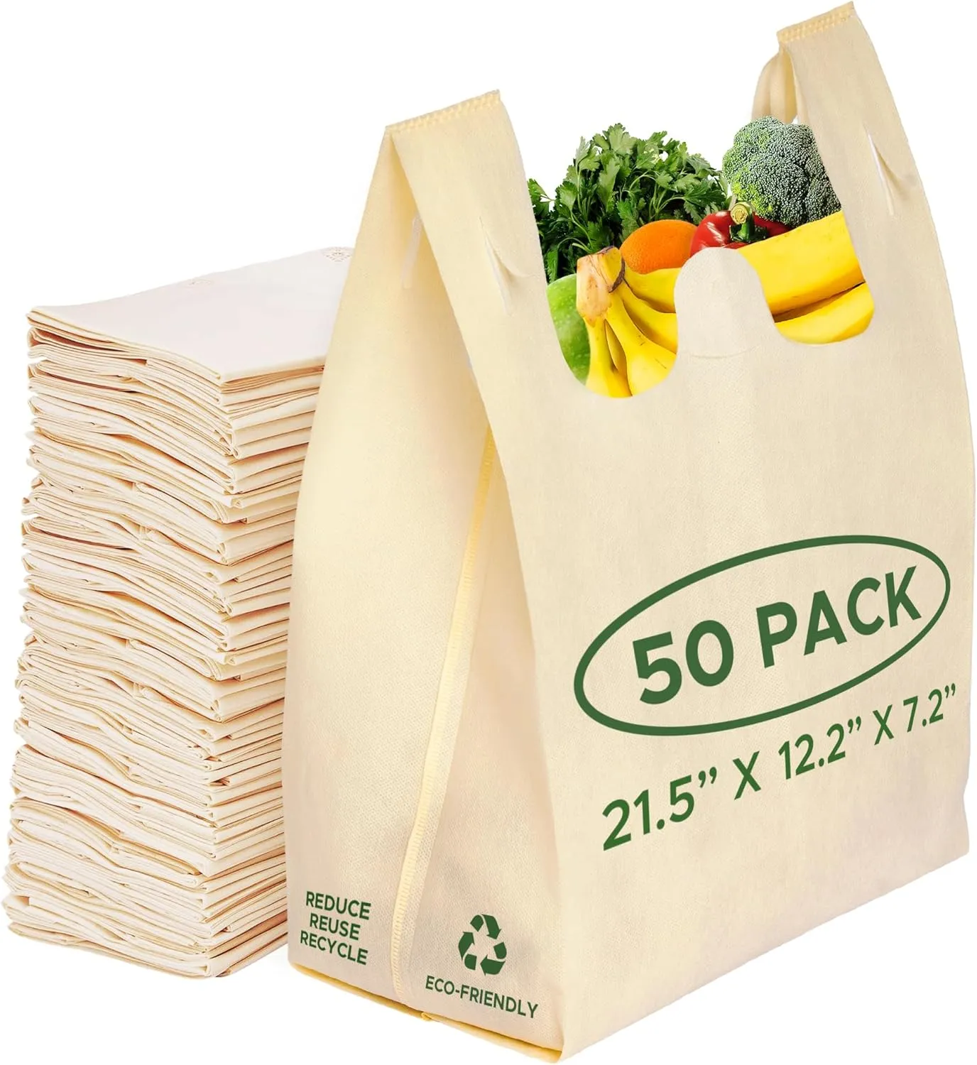 Simply Cool 50 Pack Reusable Eco-Friendly Grocery T-Shirt Shopping Bags 21”x12”x7”, Durable, Recyclable Shopping Bags Washable, Foldable, Portable Tote Bags Bulk