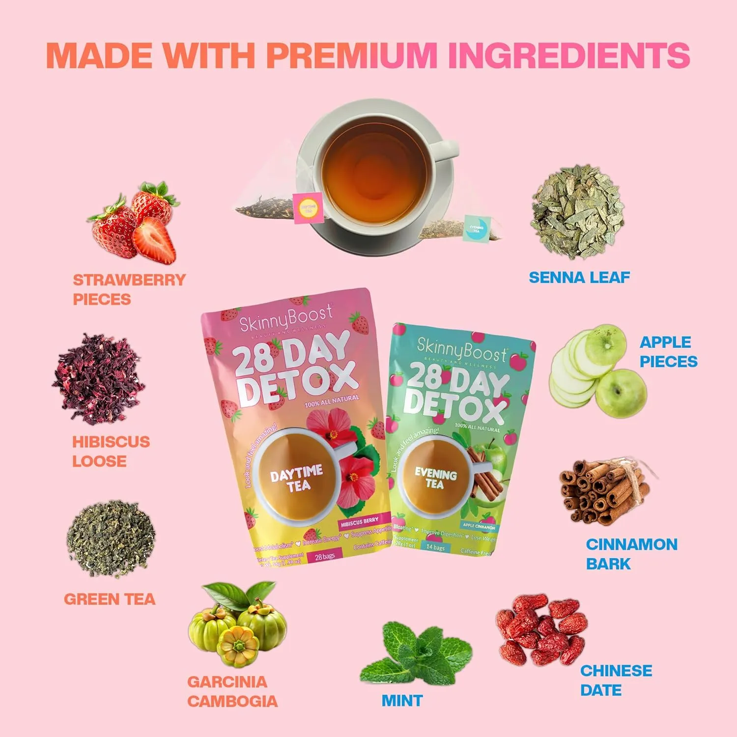 SkinnyBoost 28 Day Detox Tea Kit-1 Daytime Hibiscus (28 Bags) 1 Evening Apple Cinnamon(14 Bags) Non GMO, Vegan, All Natural, Green Tea and Herbal Teas for Natural Detox and Cleanse, Reduce Bloating