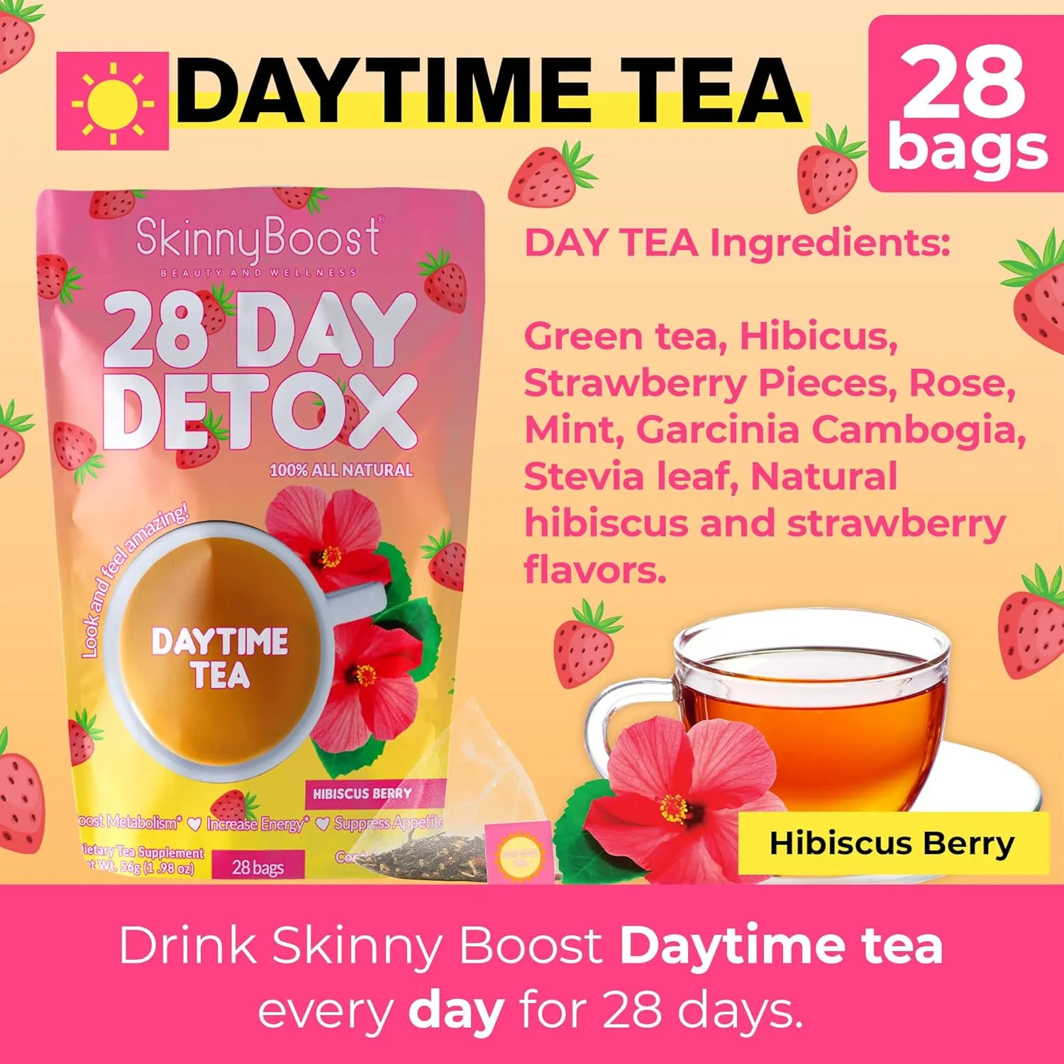 SkinnyBoost 28 Day Detox Tea Kit-1 Daytime Hibiscus (28 Bags) 1 Evening Apple Cinnamon(14 Bags) Non GMO, Vegan, All Natural, Green Tea and Herbal Teas for Natural Detox and Cleanse, Reduce Bloating