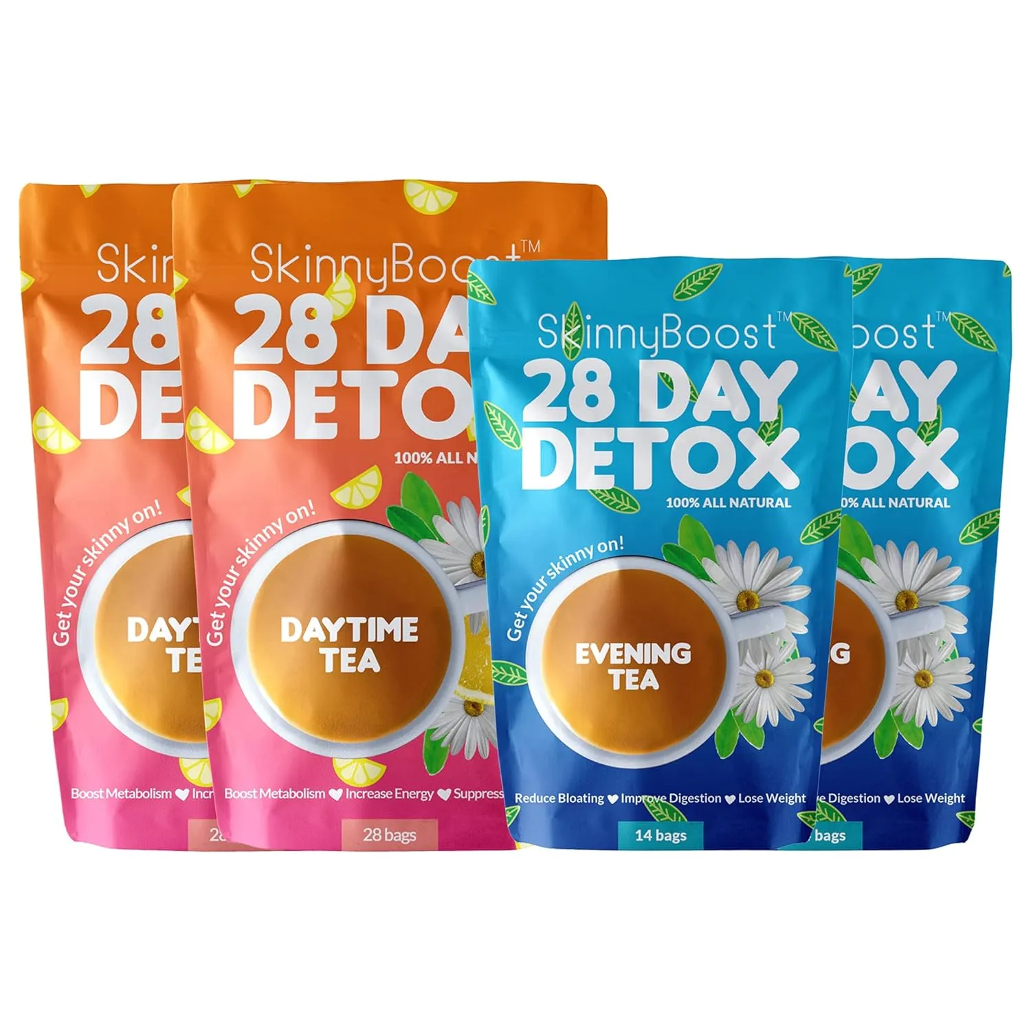 SkinnyBoost 28 Day Detox Tea Kit – Natural Cleansing & Bloating Support – 2 Pack - 28 Daytime Tea Bags & 14 Evening Tea Bags – Green Tea & Herbal Blend – Non-GMO, Vegan, Keto-Friendly, Sugar-Free