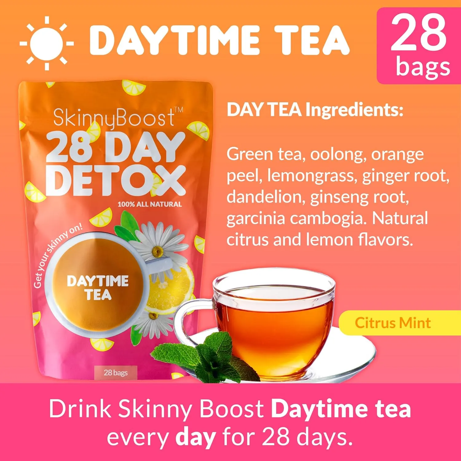 SkinnyBoost 28 Day Detox Tea Kit – Natural Cleansing & Bloating Support – 2 Pack - 28 Daytime Tea Bags & 14 Evening Tea Bags – Green Tea & Herbal Blend – Non-GMO, Vegan, Keto-Friendly, Sugar-Free