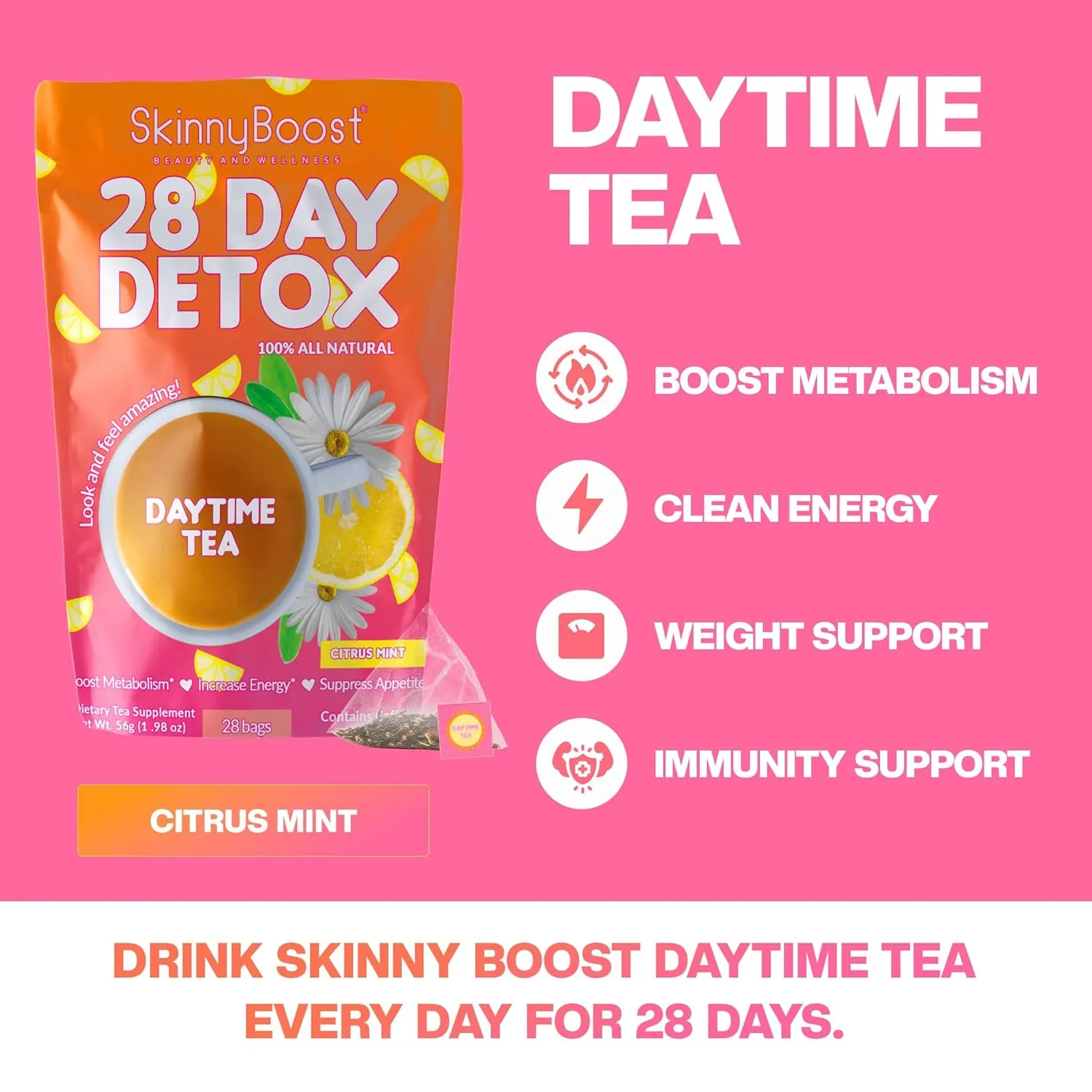 SkinnyBoost 28 Day Detox Tea Kit – Natural Cleansing & Bloating Support – 28 Daytime Tea Bags & 14 Evening Tea Bags – Green Tea & Herbal Blend – Non-GMO, Vegan, Keto-Friendly, Sugar-Free