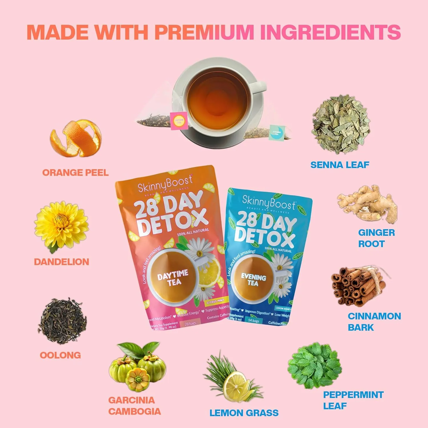 SkinnyBoost 28 Day Detox Tea Kit – Natural Cleansing & Bloating Support – 28 Daytime Tea Bags & 14 Evening Tea Bags – Green Tea & Herbal Blend – Non-GMO, Vegan, Keto-Friendly, Sugar-Free