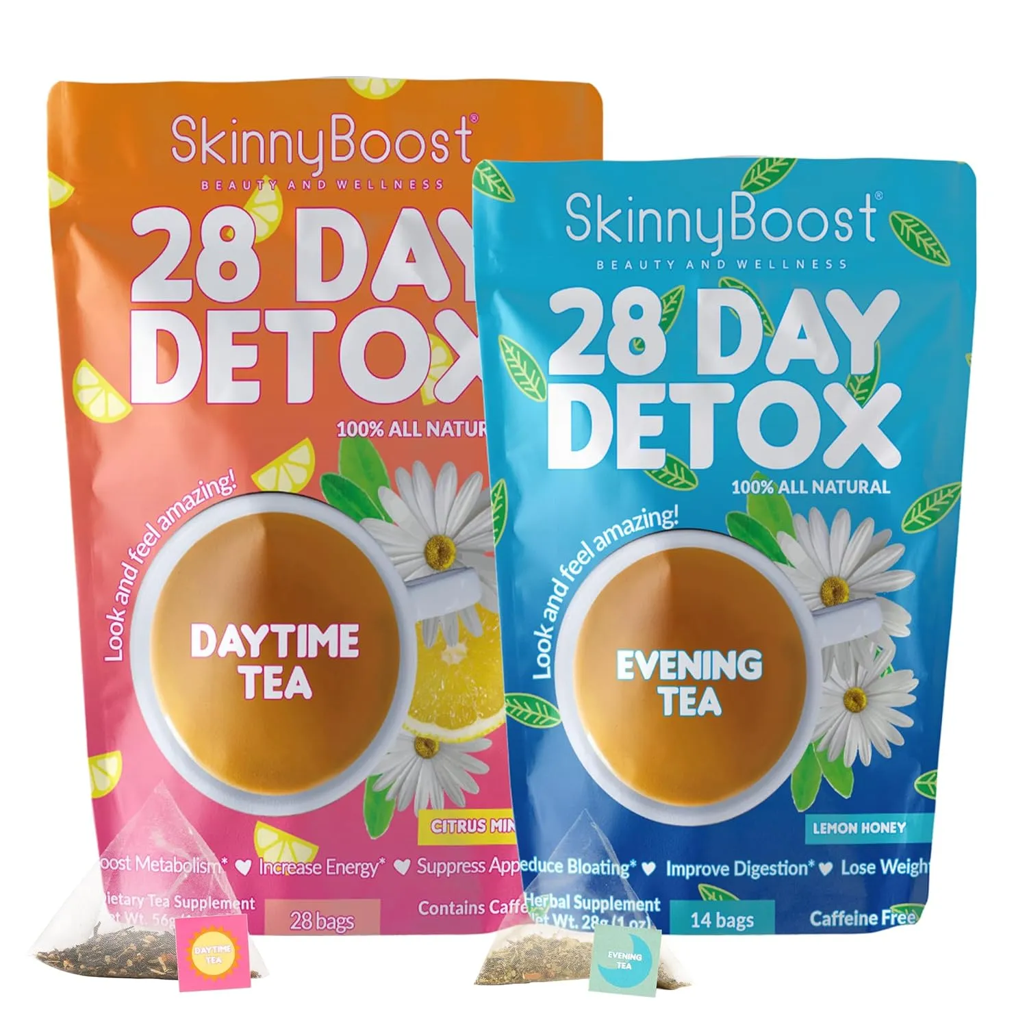SkinnyBoost 28 Day Detox Tea Kit – Natural Cleansing & Bloating Support – 28 Daytime Tea Bags & 14 Evening Tea Bags – Green Tea & Herbal Blend – Non-GMO, Vegan, Keto-Friendly, Sugar-Free