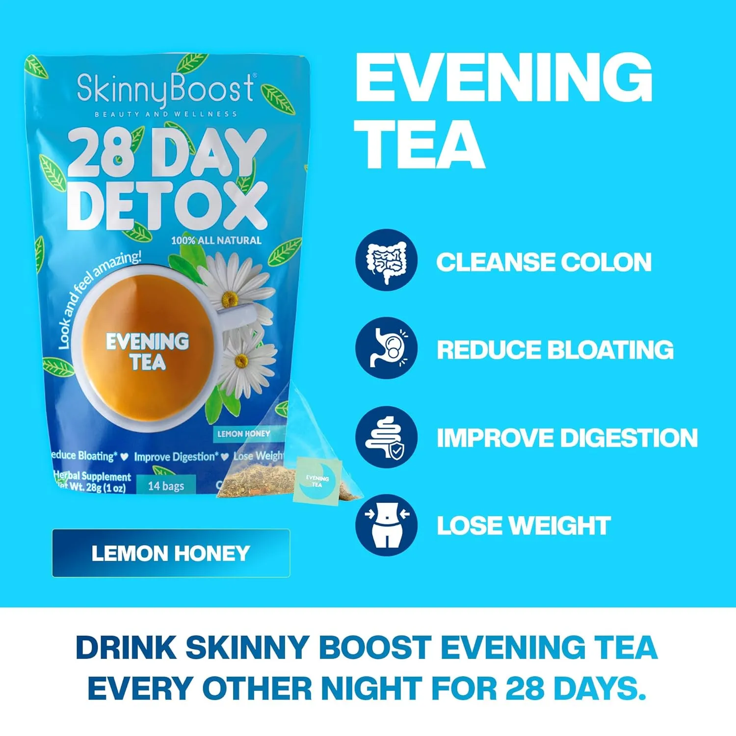 SkinnyBoost 28 Day Detox Tea Kit – Natural Cleansing & Bloating Support – 28 Daytime Tea Bags & 14 Evening Tea Bags – Green Tea & Herbal Blend – Non-GMO, Vegan, Keto-Friendly, Sugar-Free