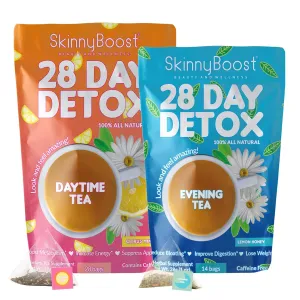 SkinnyBoost 28 Day Detox Tea Kit – Natural Cleansing & Bloating Support – 28 Daytime Tea Bags & 14 Evening Tea Bags – Green Tea & Herbal Blend – Non-GMO, Vegan, Keto-Friendly, Sugar-Free